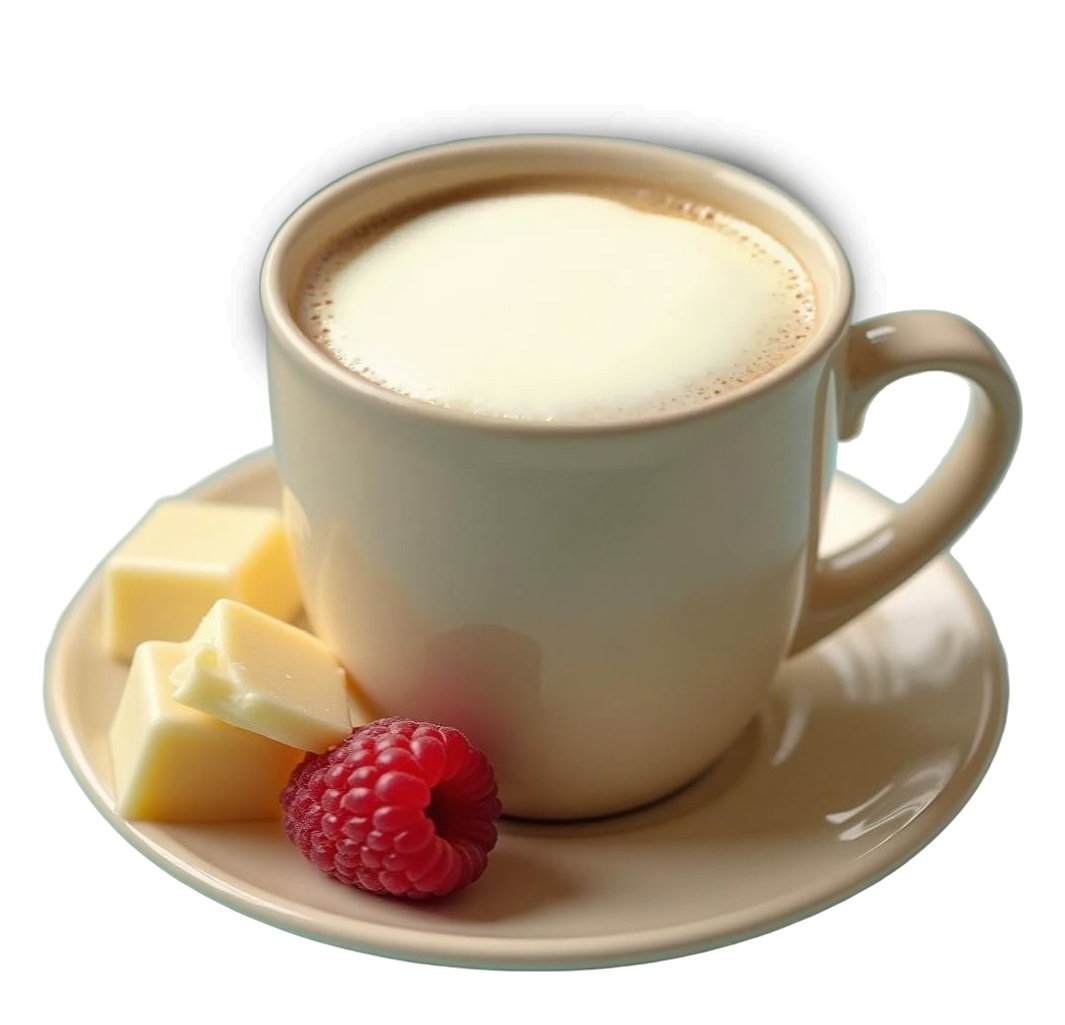 White cup with white raspberry hot chocolate