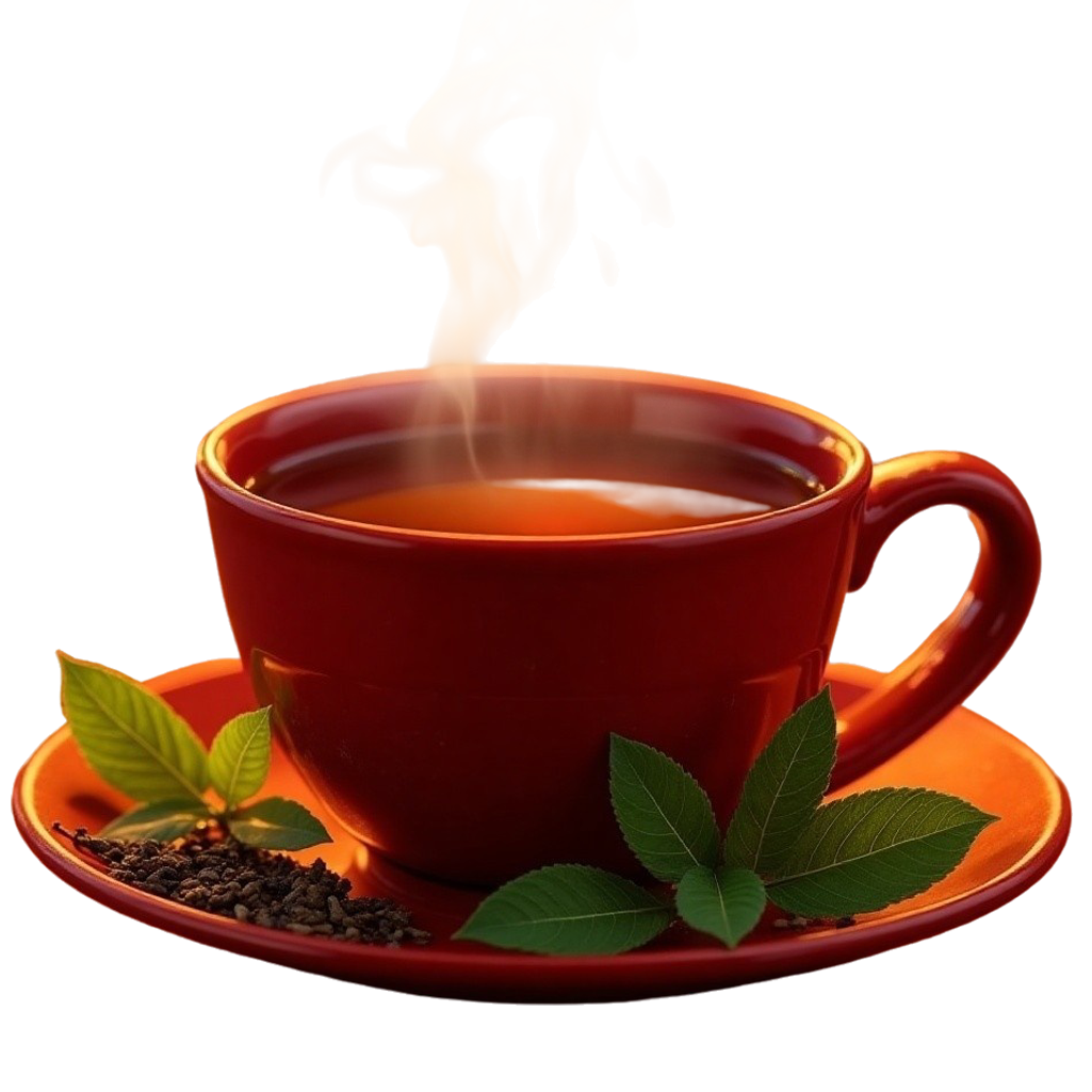 Red cup with black tea and tea leaves on a saucer