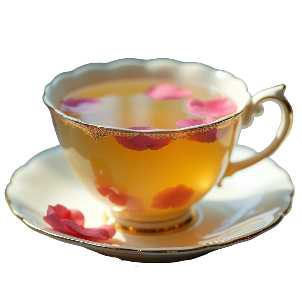 White porcelain cup with white tea and rose petals